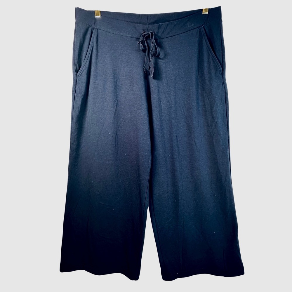 Lands End Womens XL 18 Navy Blue Wide Leg Cropped Knit Lounge Pants Drawstring